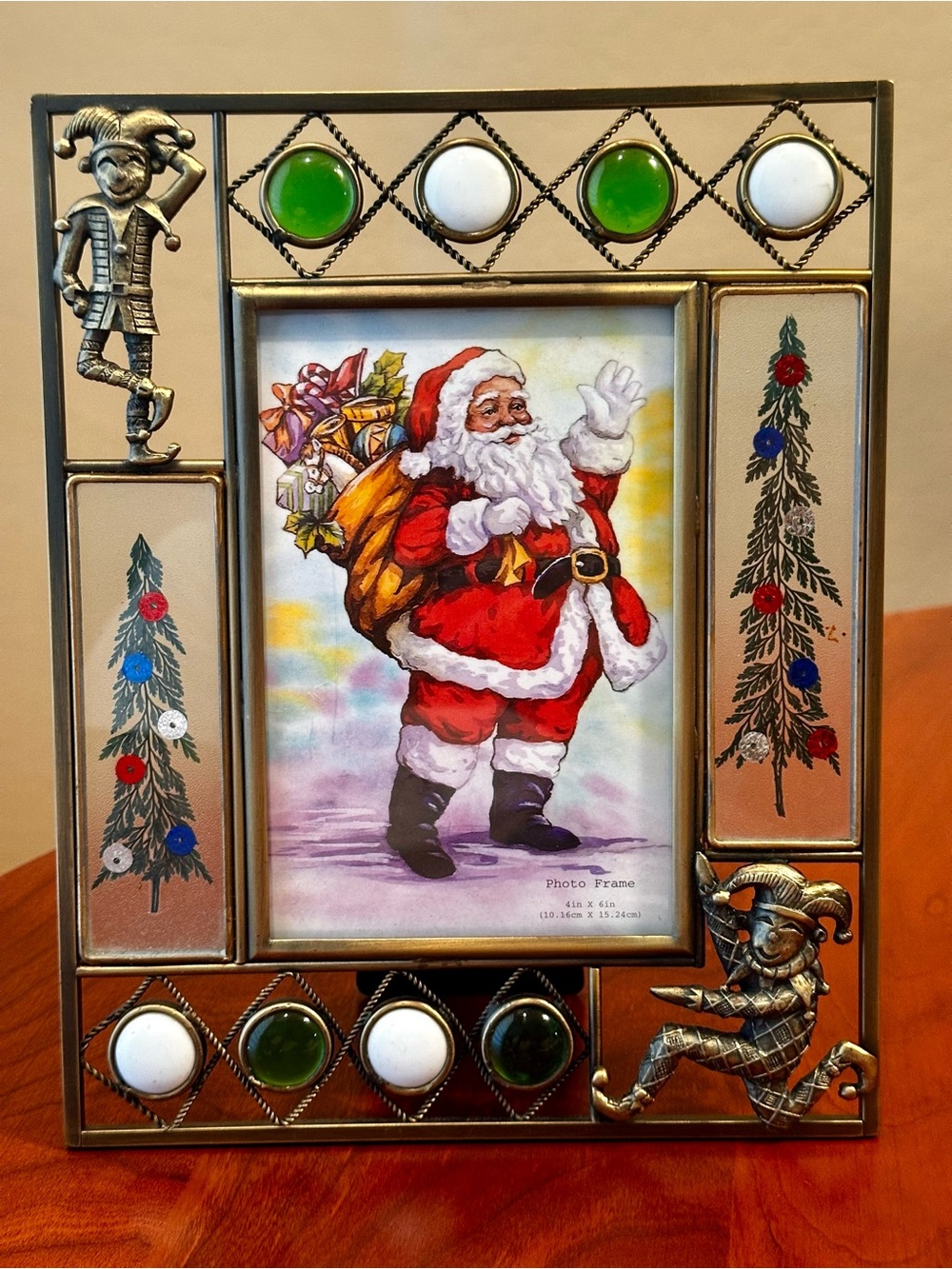Vintage Christmas Frame for 4x6” photo. Cast metal brass finish, glass cabochons